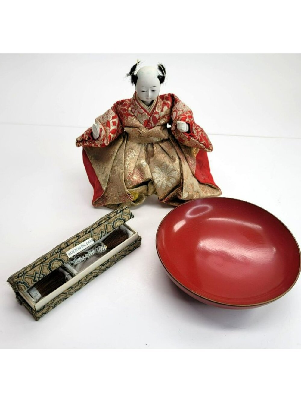 Vintage Chinese Collection Doll Bowl and Cloisonné Brush in Box Dh580